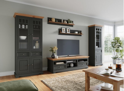 Wunnwand Set Vitrin TV Kommode Wandregaler Kommoden Schaf Holzmöbel 5 Deeler.